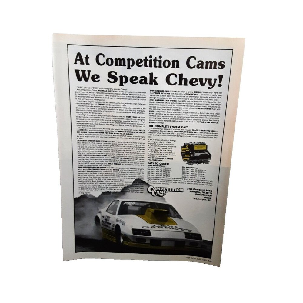 1987 Competition Cams Levi Garrett Chevy Camaro Original Print Ad vintage 80s